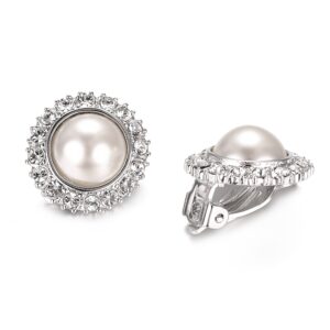 Yoursfs Large Faux Pearl Diamond Clip On Earrings For Women Dressy Vintage Silver Rhinestone Non Pierced Earring Comfort Round Ear Clips Jewelry