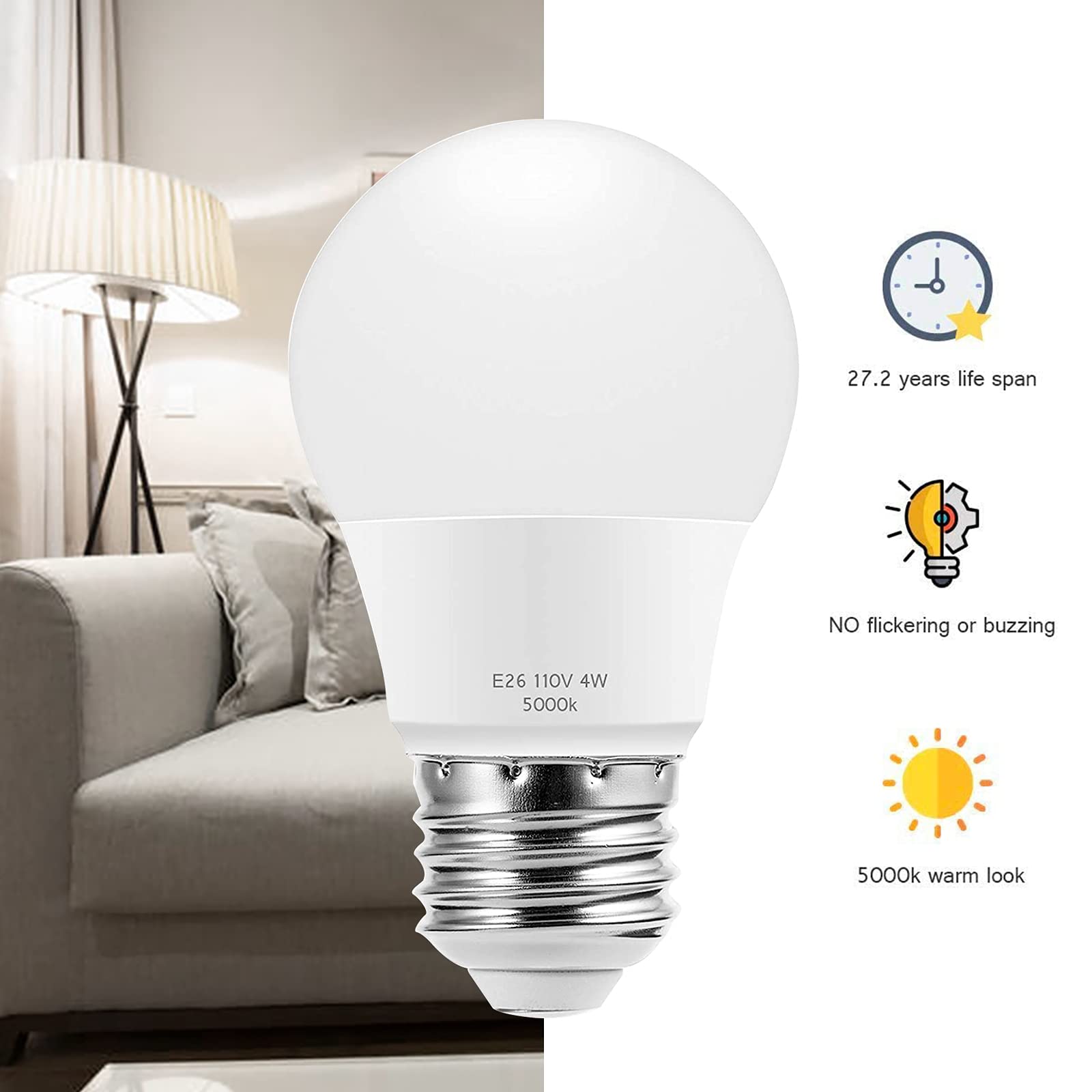 Briignite A15 LED Bulbs, Globe Light Bulbs 25 Watts Equivalent(4W LED), Daylight 5000K LED Bulb, E26 Medium Screw Base 320LM A15 Shape Decorative Edison Home Lighting Non-Dimmable (Pack of 4)