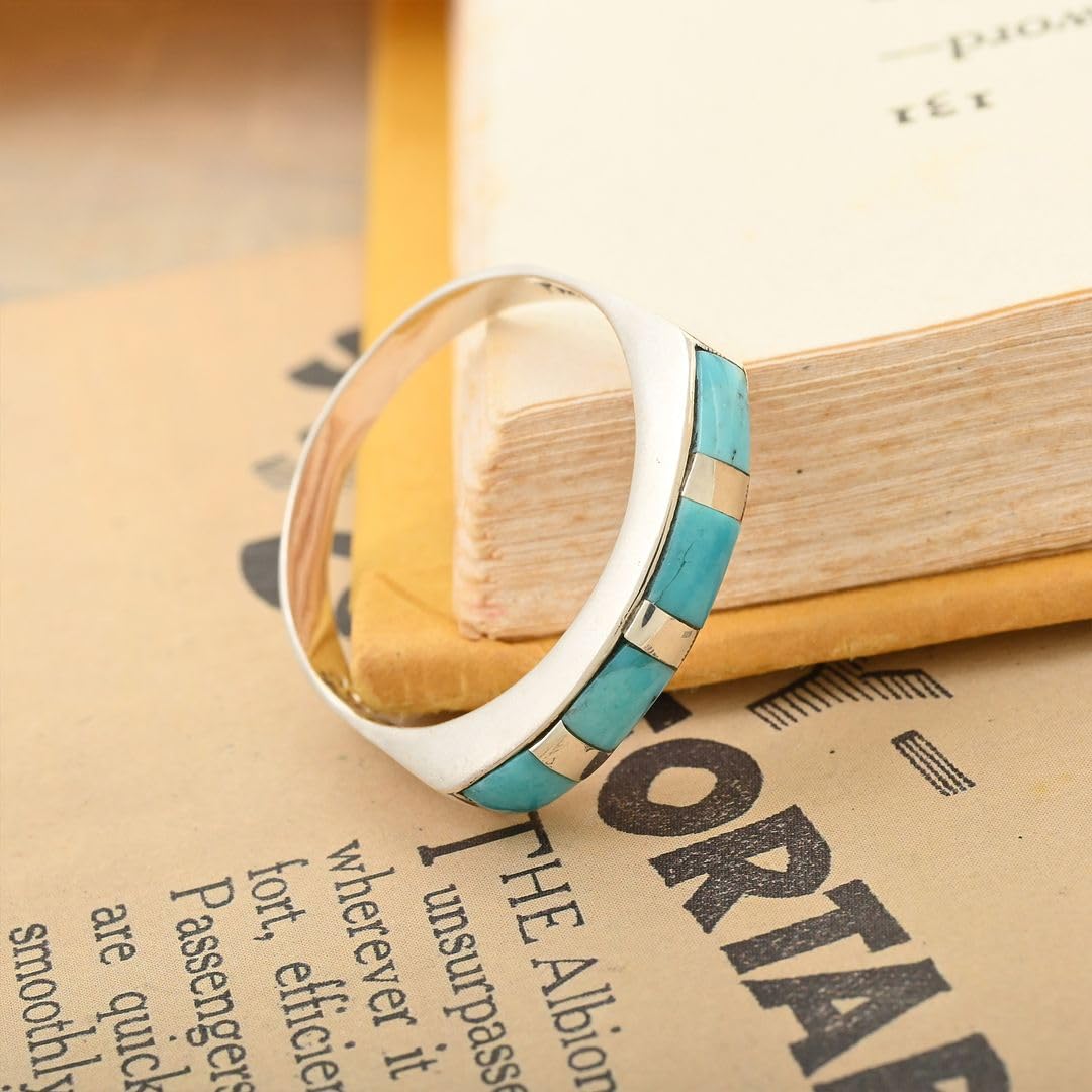 Shop LC Santa Fe Style Turquoise Ring for Women 925 Sterling Silver Band Boho Western Jewelry Gifts for Women Promise Rings Size 7 Birthday Gifts