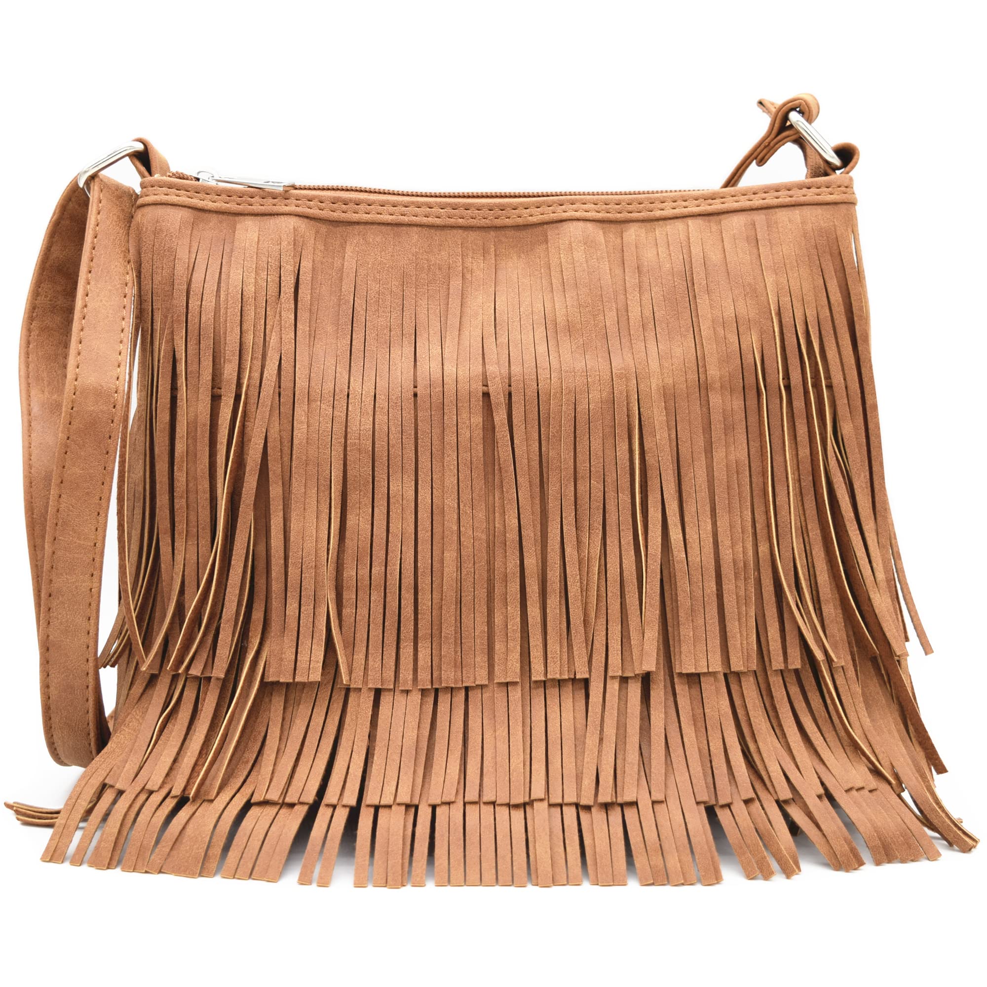 Western Cowgirl Fashion Style Leather Fringe Crossbody Handbags Women Purse Country Everyday Shoulder Bag (Cognac)