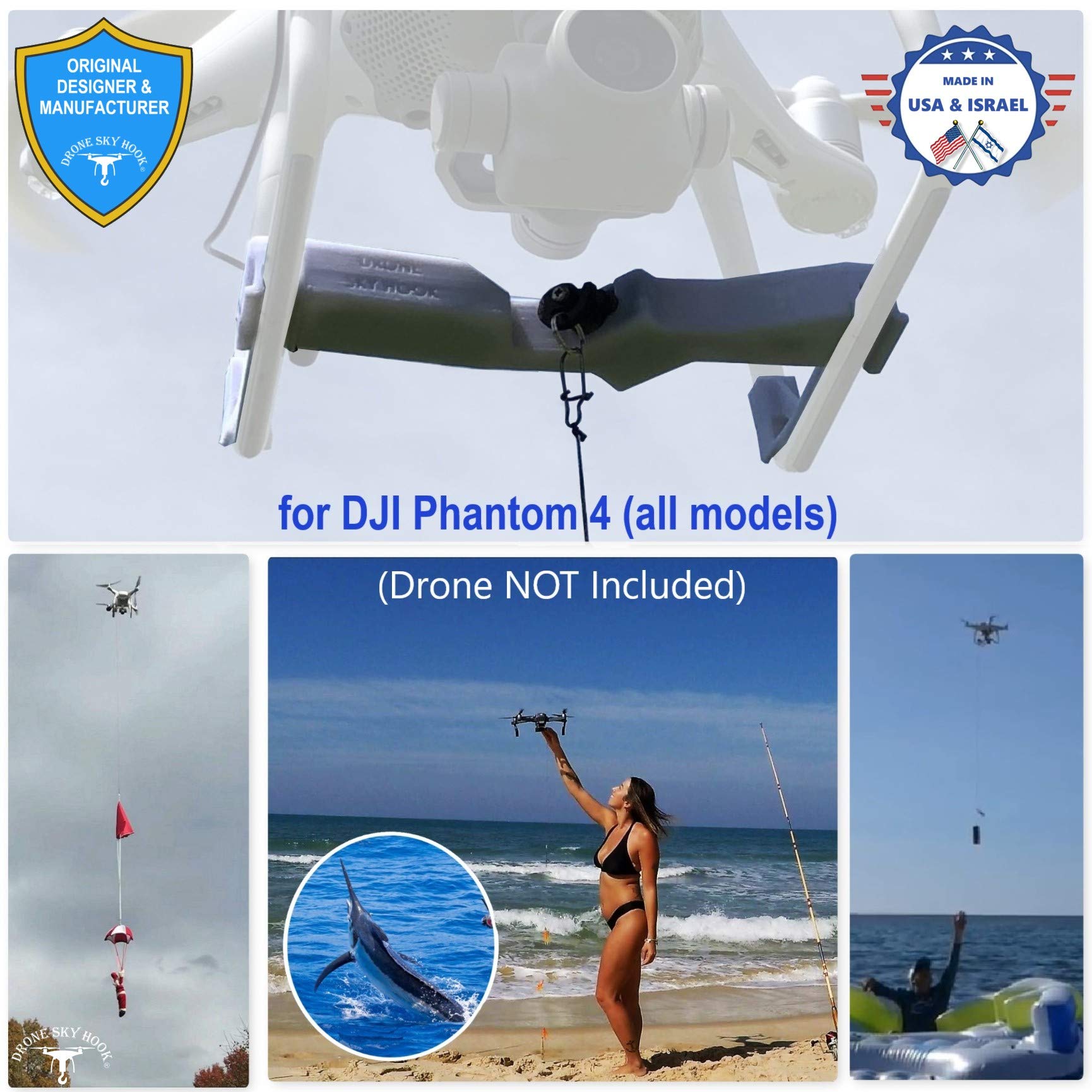 Release and Drop Professional Device for DJI Phantom 4 (all models) – Drone Fishing, Bait Release, Load Delivery, Search and Rescue and Fun – U.S. Patent - by DRONE SKY HOOK