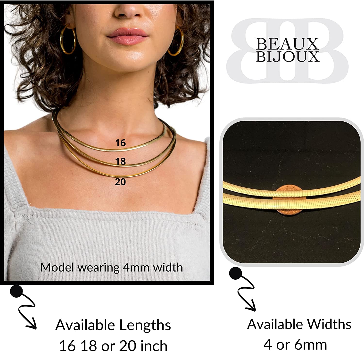 Beaux Bijoux Reversible Omega Necklace For Women - Two Tone Silver 18k Gold Omega Chain Necklace - Gold Choker Necklaces For Women - 18k Gold Necklaces For Women (18 inch 6mm - 18k Gold and Silver)