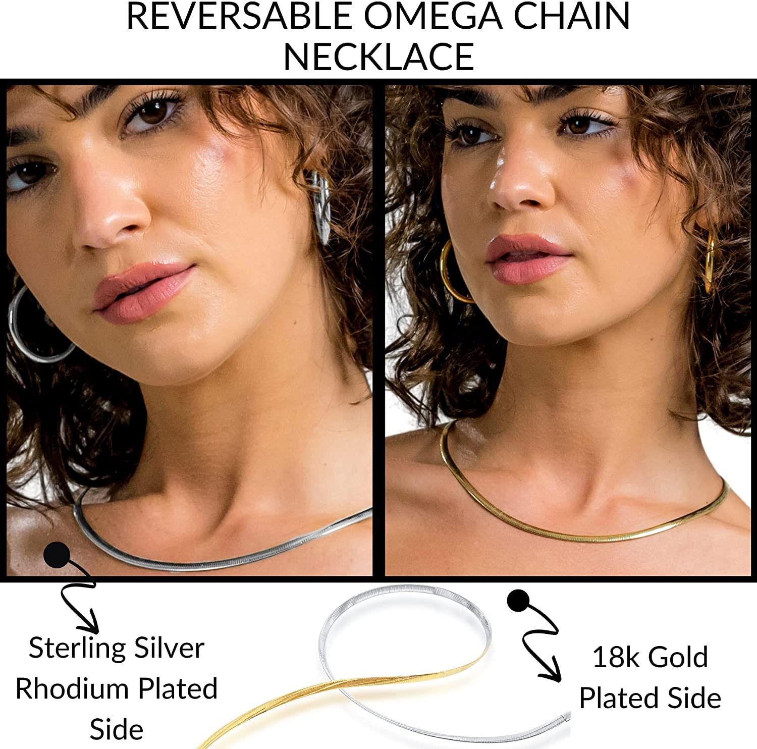 Beaux Bijoux Reversible Omega Necklace For Women - Two Tone Silver 18k Gold Omega Chain Necklace - Gold Choker Necklaces For Women - 18k Gold Necklaces For Women (18 inch 6mm - 18k Gold and Silver)