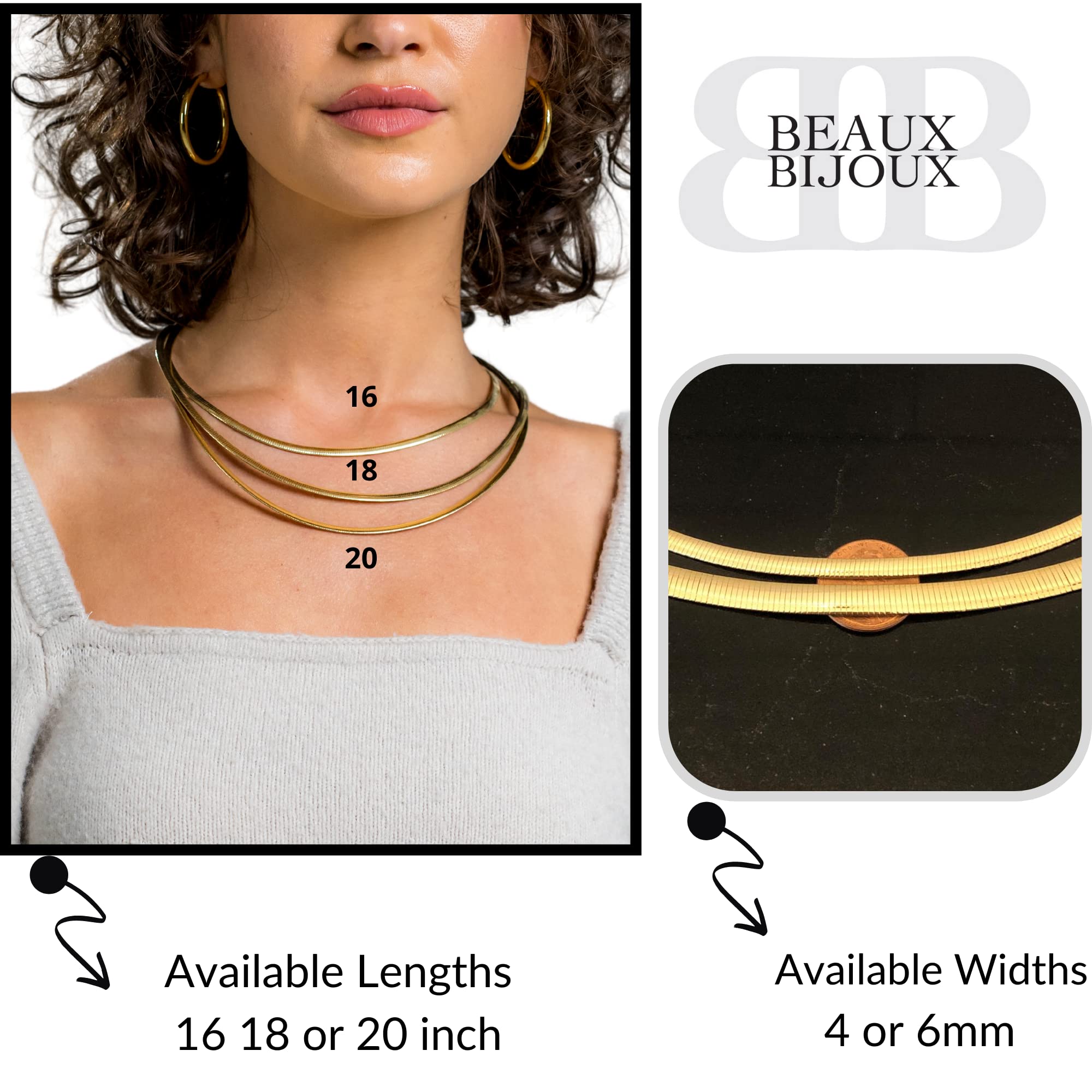 Beaux Bijoux Reversible Omega Necklace For Women - Two Tone Silver 18k Gold Omega Chain Necklace - Gold Choker Necklaces For Women - 18k Gold Necklaces For Women (18 inch 4mm - 18k Gold and Silver)