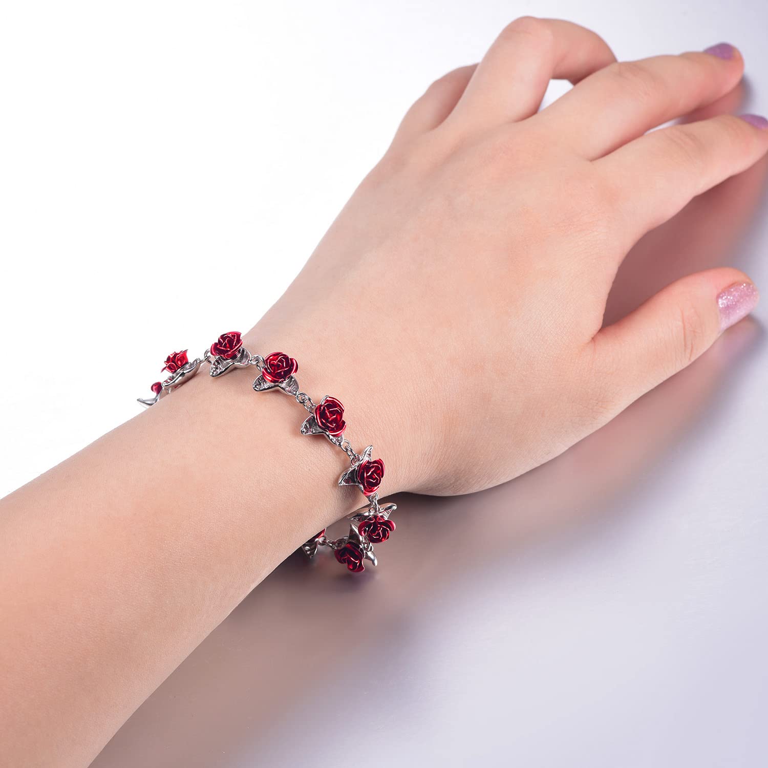 U7 Flower Charm Bracelet Platinum Plated Chain Dozen Red Rose Floral Bracelets for Women