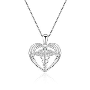 YFN Sterling Silver Caduceus Angel Nursing Themed Pendant Necklace 18" (Nurse Necklace) (Nurse Necklace) (Silver)