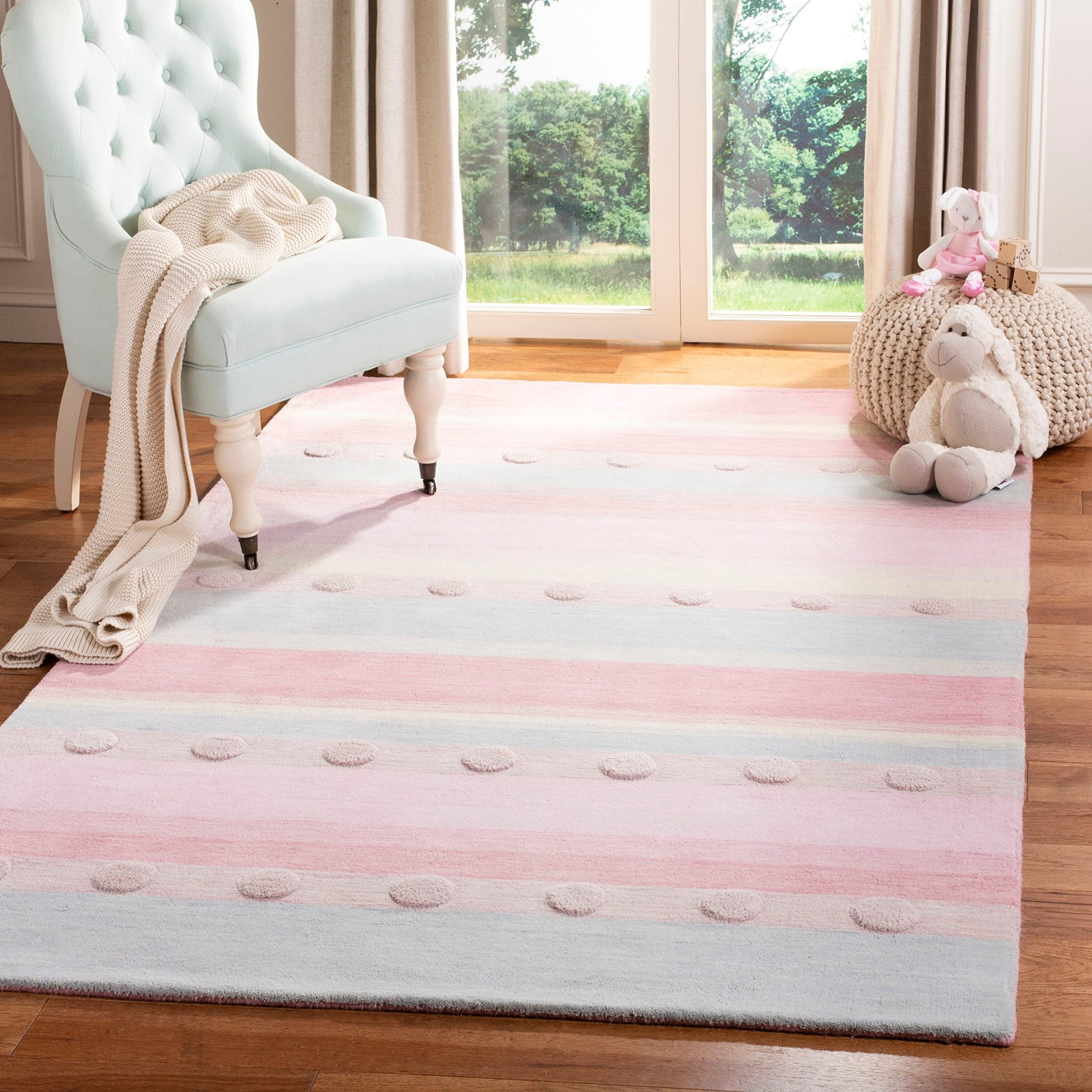 SAFAVIEH Kids Collection Area Rug - 8' x 10', Light Blue & Pink, Handmade Stripe Wool, Ideal for High Traffic Areas in Living Room, Bedroom (SFK801M)