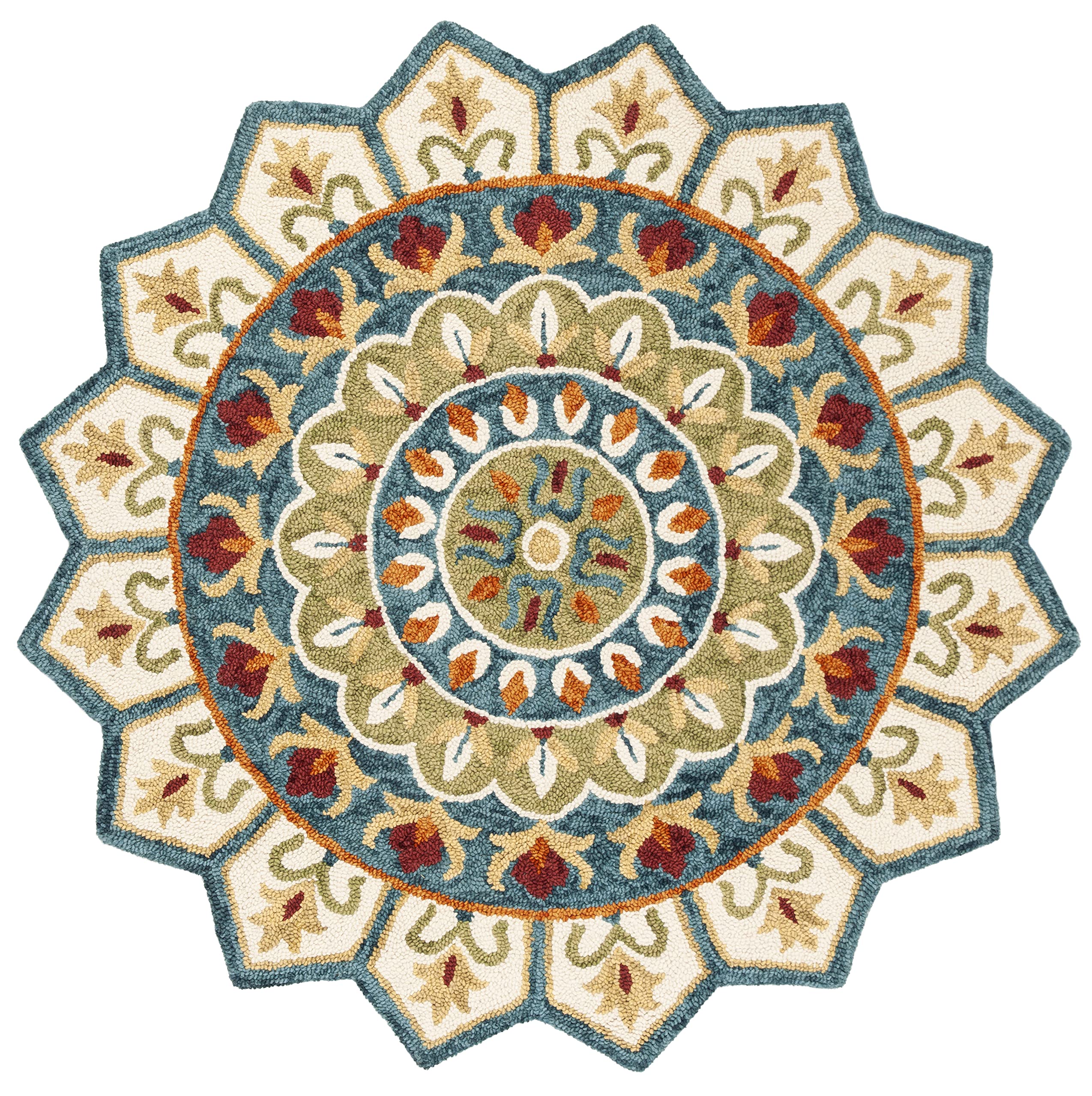 SAFAVIEH Novelty Collection Area Rug - 6' Round, Ivory & Blue, Handmade Boho Mandala Floral Rustic Country Wool, Ideal for High Traffic Areas in Living Room, Bedroom (NOV605M)