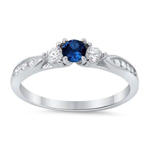 3-stone wedding engagement ring simulated blue sapphire round cubic zirconia three stone 925 sterling silver choose color, size-11