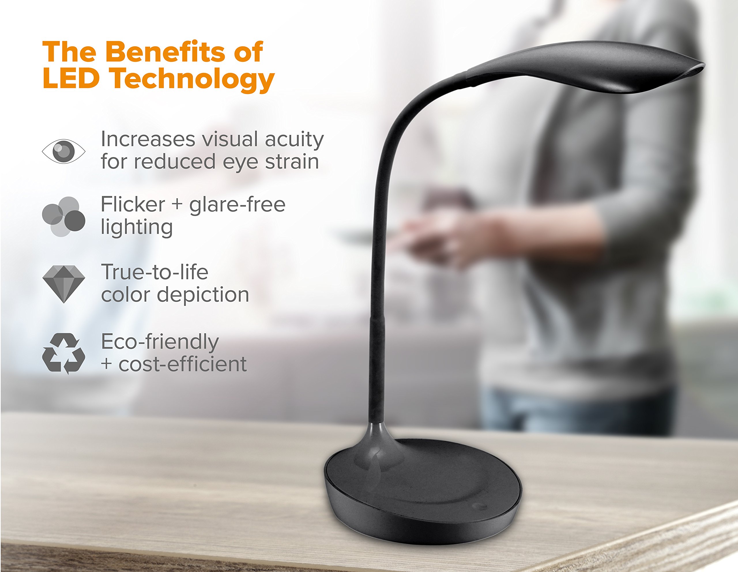 Bostitch Office KT-VLED1502-BLK Gooseneck LED Desk Lamp with USB Charging Port, Dimmable, Black