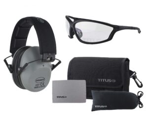 titus 2 series - 34 nrr slim-line hearing protection & g26 competition z87.1 safety glasses combos (grey, clear)