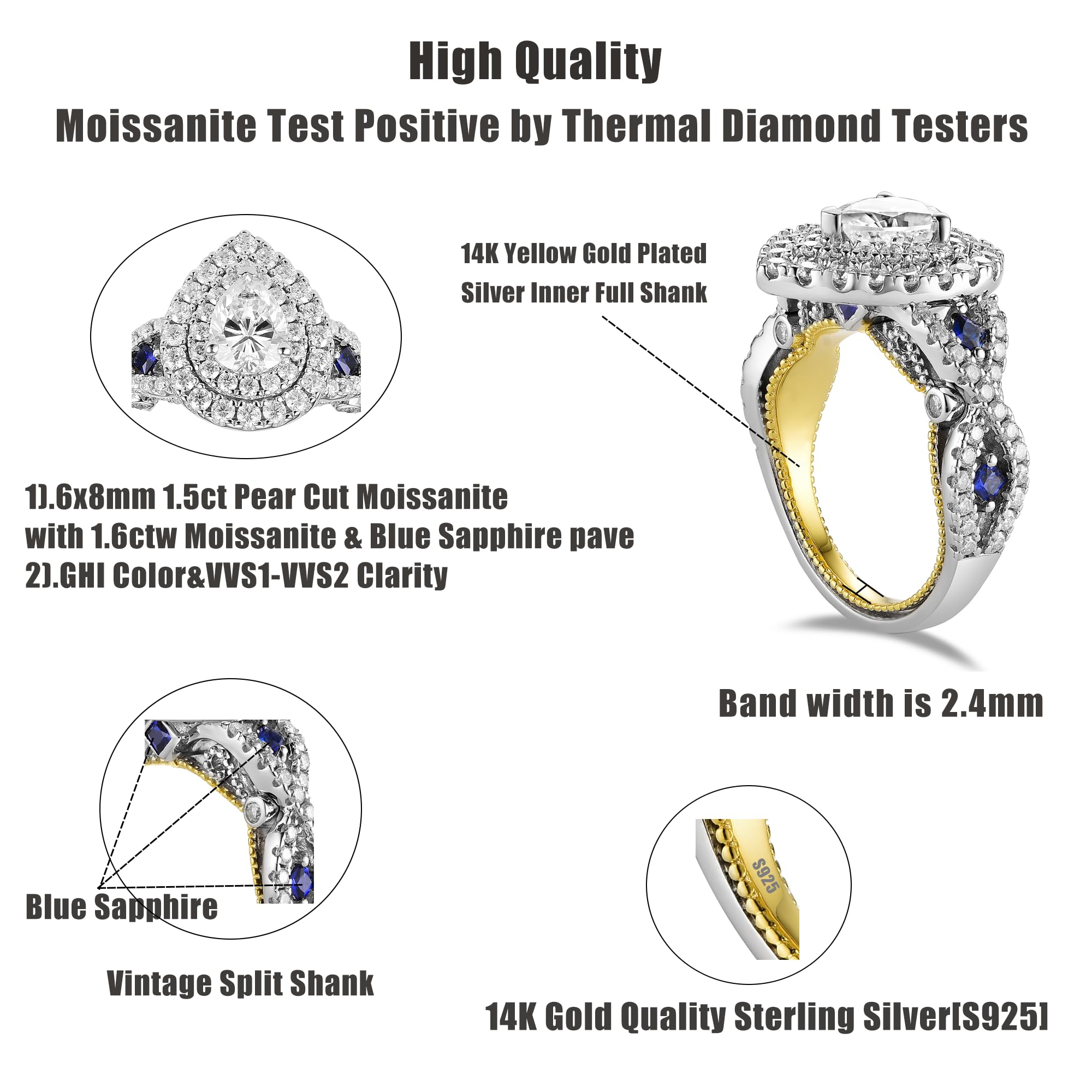 DovEggs Moissanite Engagement Rings for Women 3.1ctw Total 6x8mm GHI Pear Cut Moissanite Vintage Double Halo Wedding Ring Moissanite&Sapphire Accents 14k Gold QUALITY Sterling Silver Two Tone （7.5）