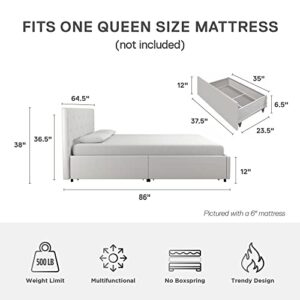 DHP Dakota Upholstered Platform Bed with Underbed Storage Drawers and Diamond Button Tufted Headboard and Footboard, No Box Spring Needed, Queen, White Faux Leather