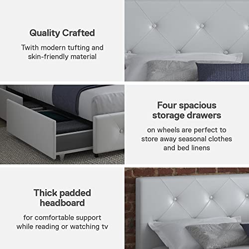 DHP Dakota Upholstered Platform Bed with Underbed Storage Drawers and Diamond Button Tufted Headboard and Footboard, No Box Spring Needed, Queen, White Faux Leather