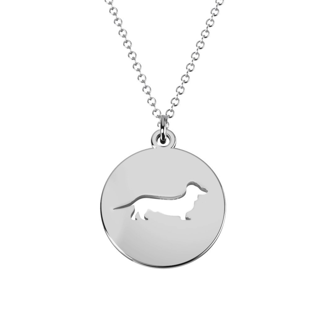 TSD Sterling Silver Dashing Dachshund Cutout Disc Necklace by JEWLR