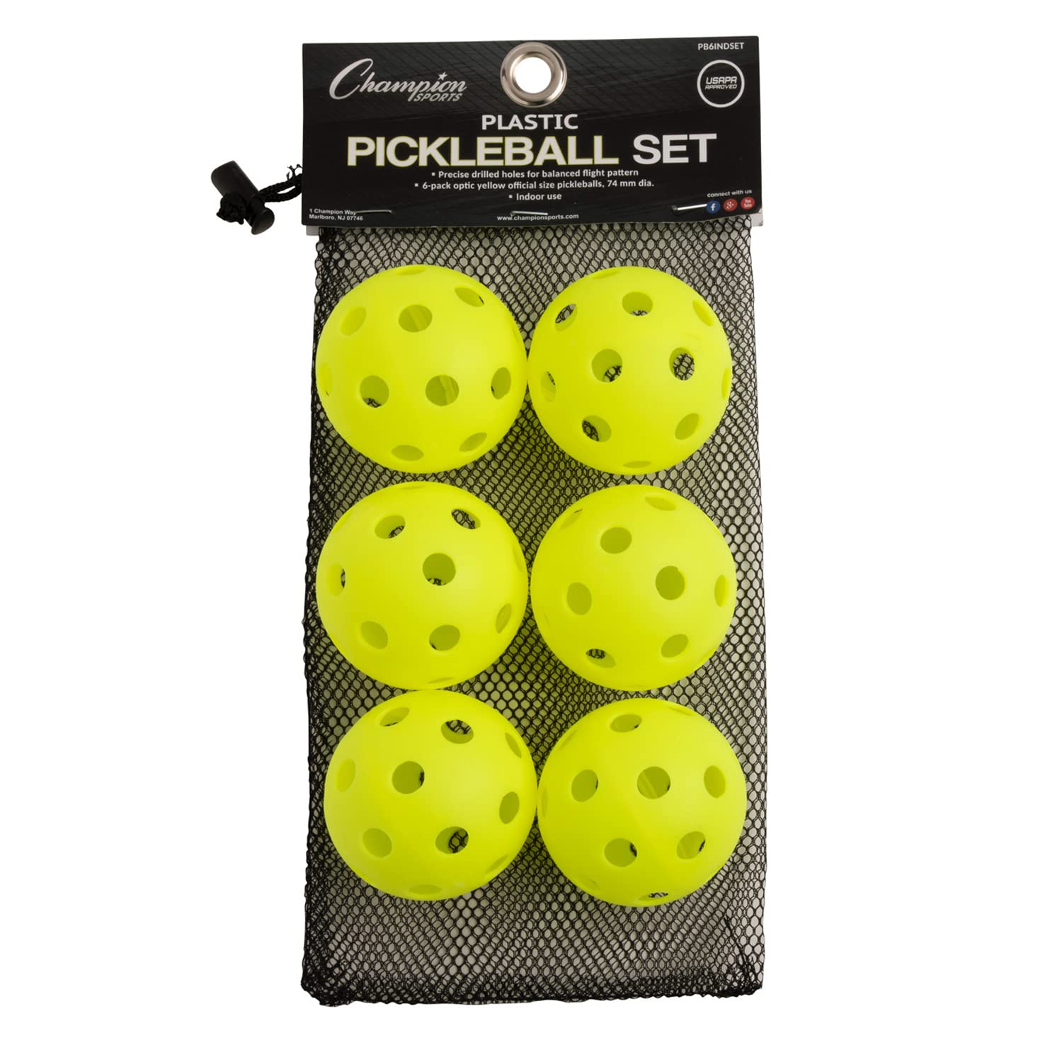 Champion Sports Pickleball Balls: Official Size Recreational and Tournament Pickleballs - Yellow Pickleball Ball Set for Outdoor and Indoor Courts - 6 Count (Pack of 1)