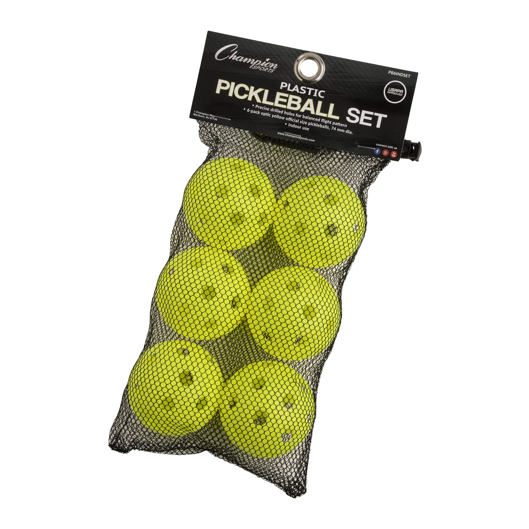 Champion Sports Pickleball Balls: Official Size Recreational and Tournament Pickleballs - Yellow Pickleball Ball Set for Outdoor and Indoor Courts - 6 Count (Pack of 1)