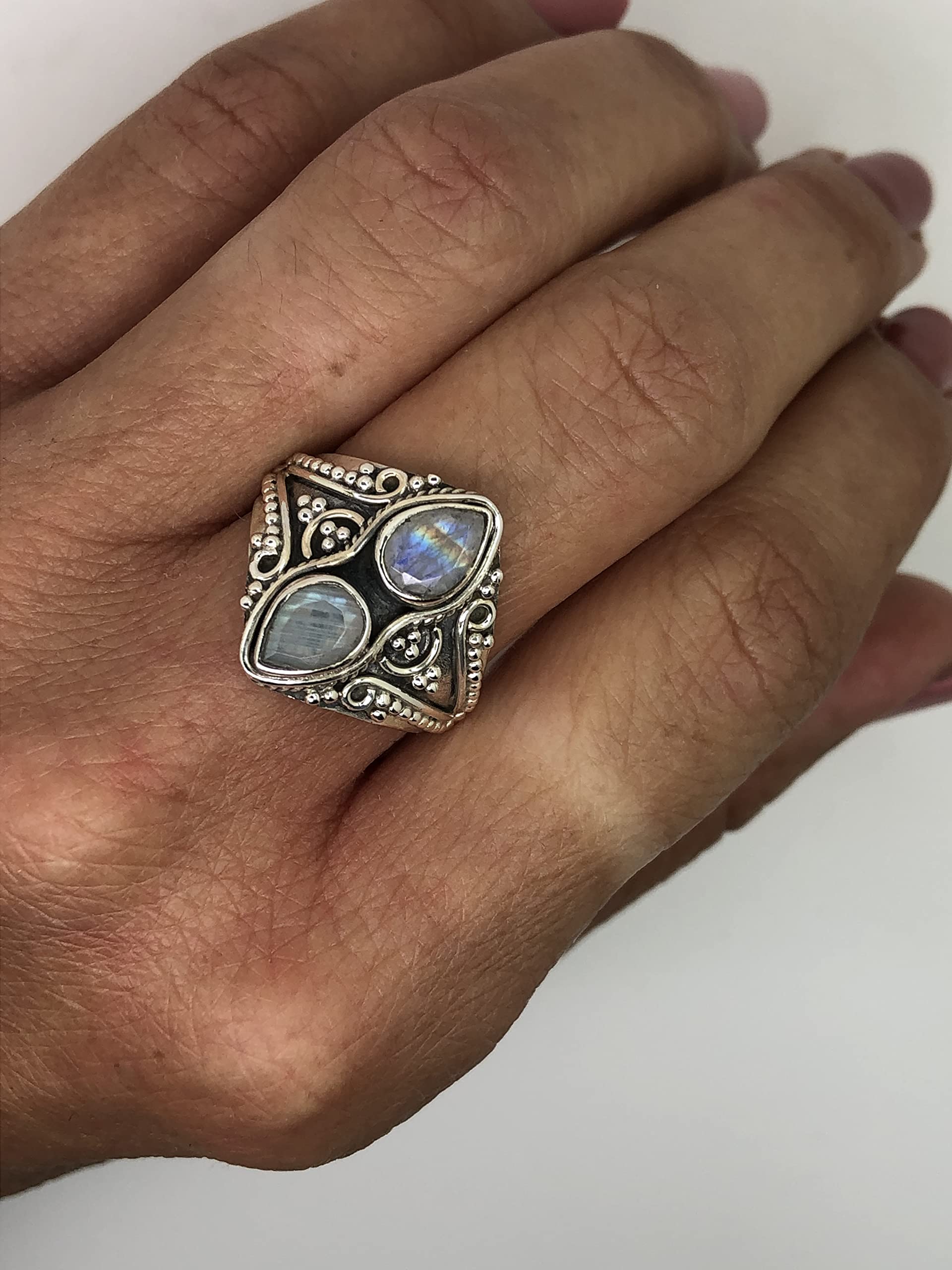 Koral Jewelry Moonstone 2 Stones Gipsy Vintage Ring 925 Sterling Silver US Size 7 8 9 (6)