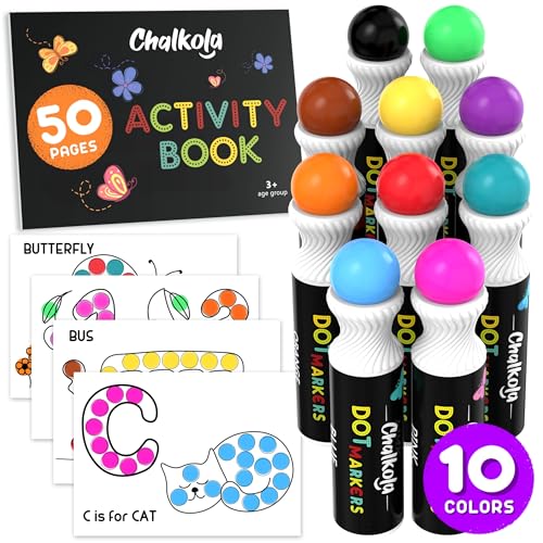 Chalkola 10 Washable Dot Markers for Toddlers - Paint Dotters, Bingo Markers Daubers | Dot Art Markers for Kids & Preschool, Dabbers Dot Paint Marker | Dot Markers for Kids with Free Activity Book