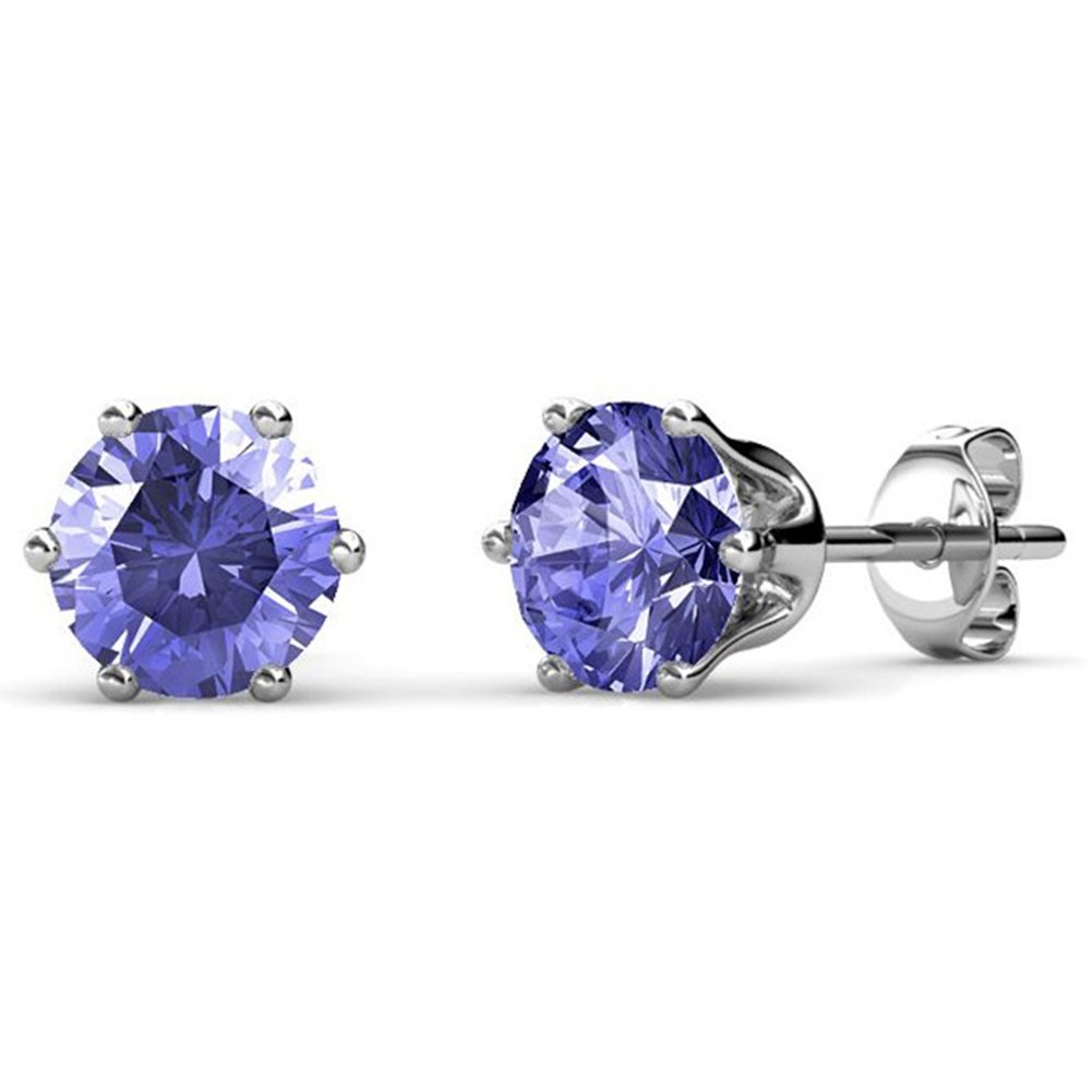 Cate & Chloe February Birthstone Stud Earrings | 18k White Gold Plated with Solitaire 1ct Amethyst Gemstone Crystals | Round Cut Crystal Earring Set for Women, Hypoallergenic, Gift For Her