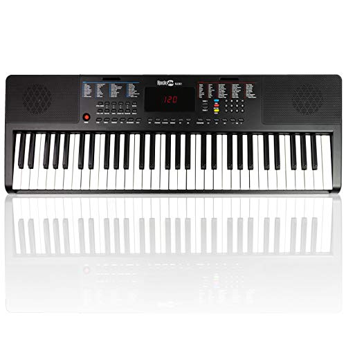 RockJam Compact 61 Key Keyboard with Sheet Music Stand, Power Supply, Piano Note Stickers & Simply Piano Lessons