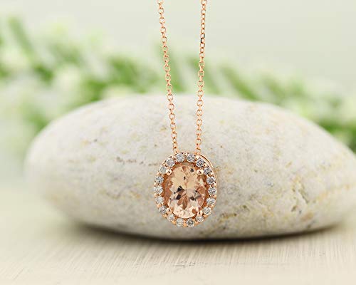 GNG 10k Rose Gold Diamond Morganite Halo style Pendant Necklace, 18" (morganite)