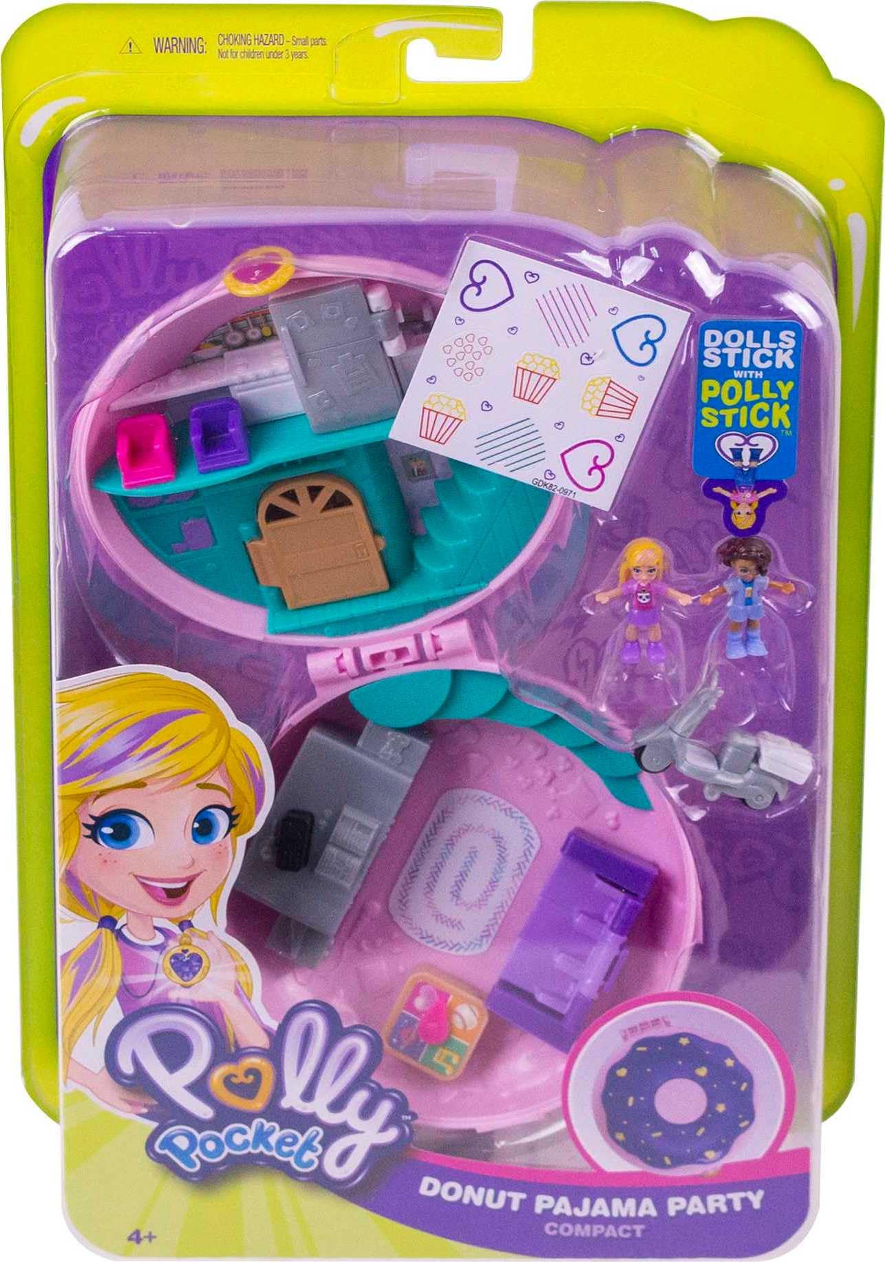 Polly Pocket Playset, Travel Toy with 2 Micro Dolls & Surprise Accessories, Pocket World Donut Pajama Party Compact, Food Toy