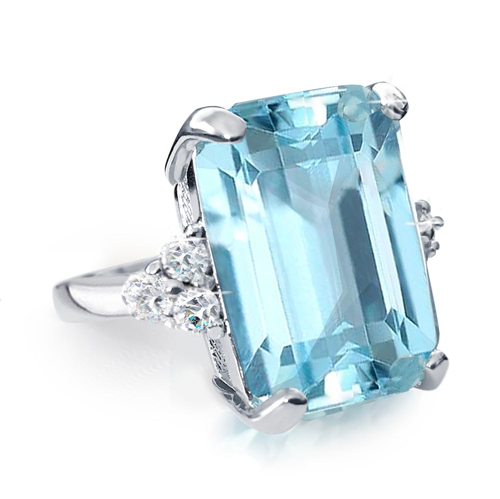 Samie Collection Princess Diana 20ctw Emerald Cut Simulated Gemstone in Aquamarine-tone, Emerald-tone, Garnet-tone Cocktail Ring for Women Inspired by Royal Wedding in White Gold Plating, Size 5-10