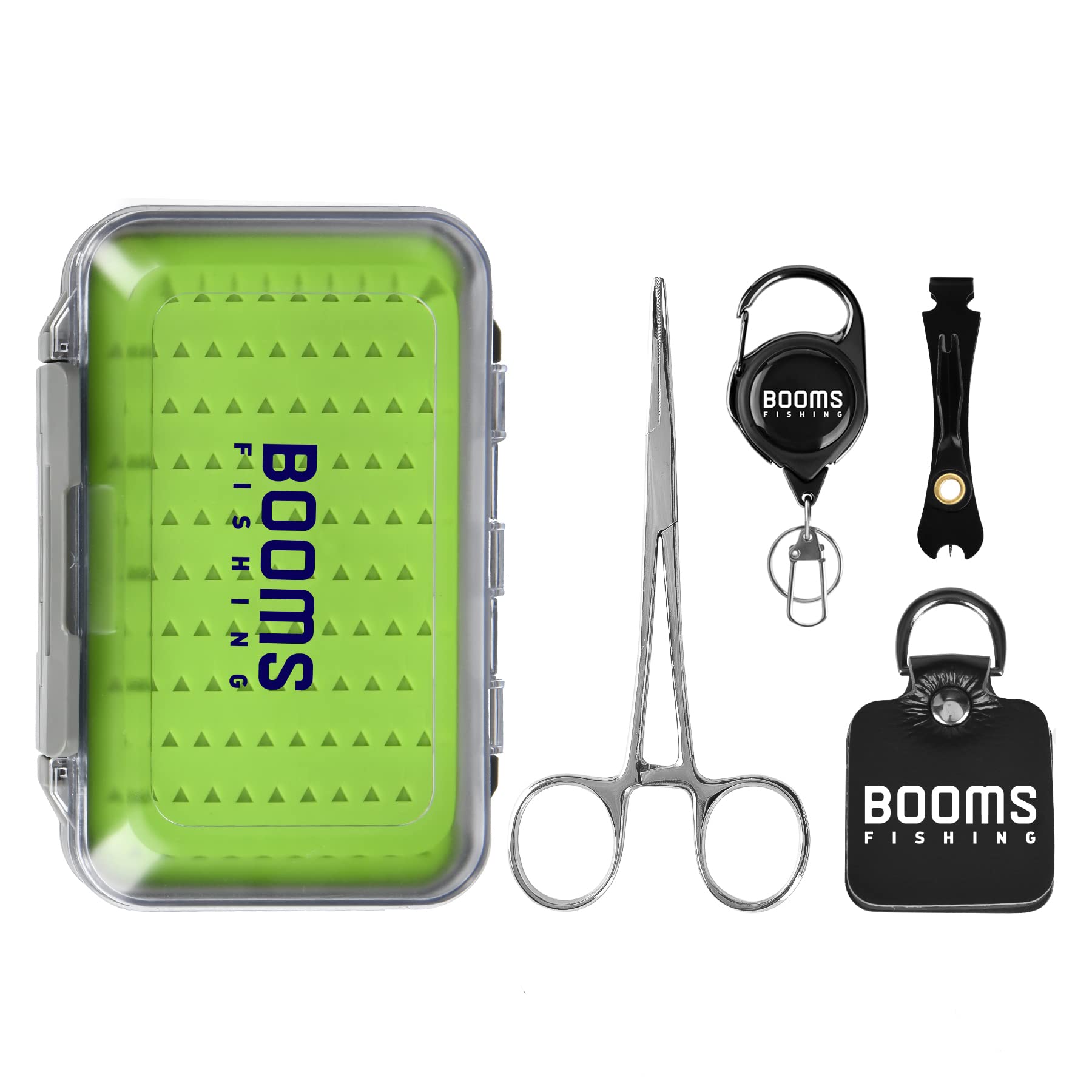 Booms Fishing FF2 Fly Fishing Accessories and Tools Kit, 5 in 1 Fly Fishing Gear Combo: Fly Fishing Forceps, Fly Fishing Nipper, Fly Fishing Leader Straightener, Zinger Retractor, Two-sided Fly Box