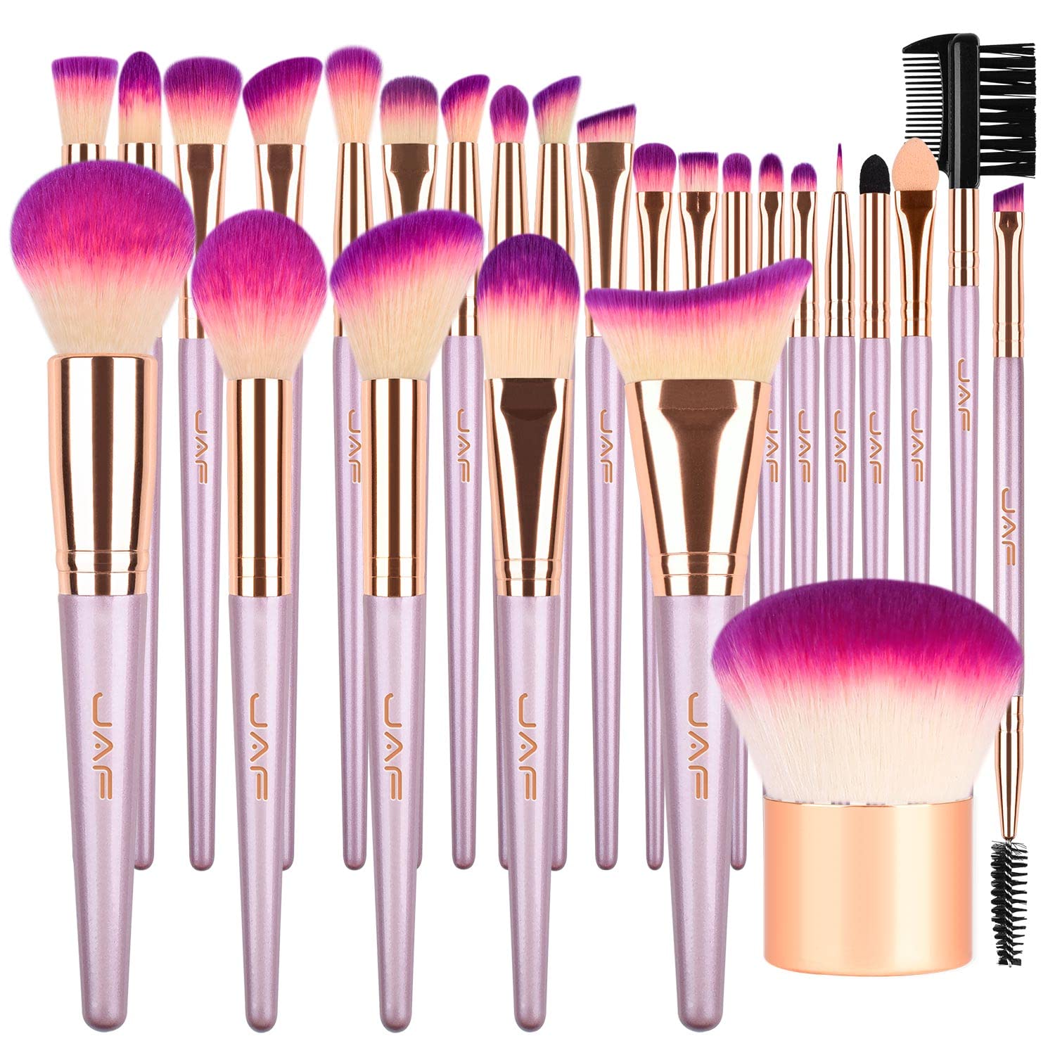 JAF 26pcs Makeup Brush Set Professional Kabuki Full Face Contour Brush Set Pink Complete Vegan Brush Kit, Soft Make Pretty Cute Rose Gold Cosmetic brush Purple