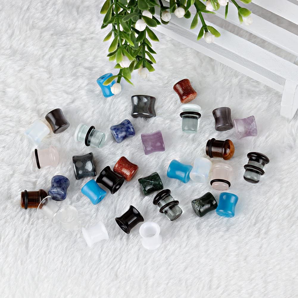 KUBOOZ 32pcs set Mixed Stone Acrylic Glass Ear Plugs Tunnels Gauges Stretcher Piercings 00g