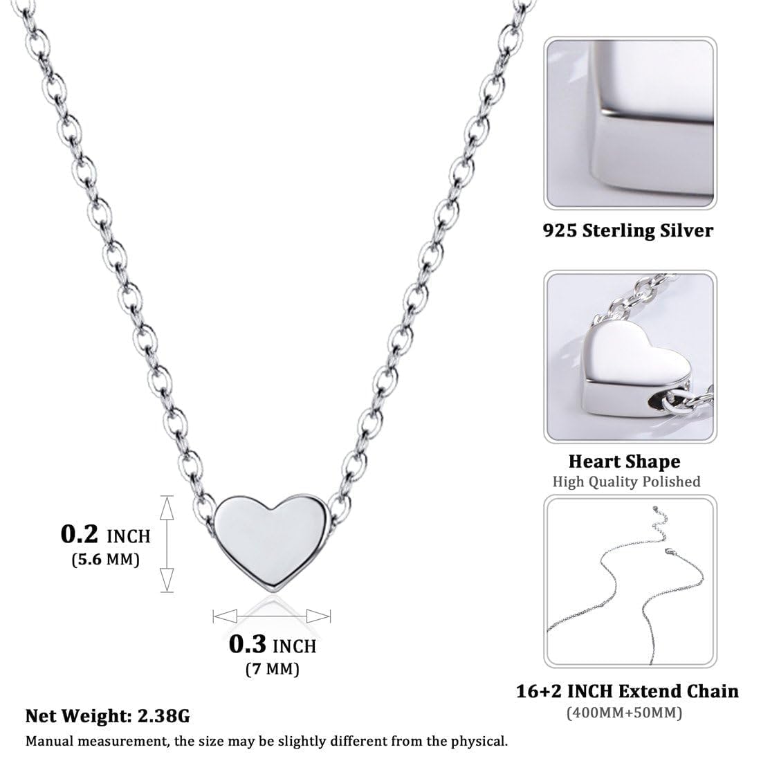 ChicSilver 925 Sterling Silver Necklace for Women Tiny Small Heart Necklace Endlessness Love Dainty Necklace - 16"