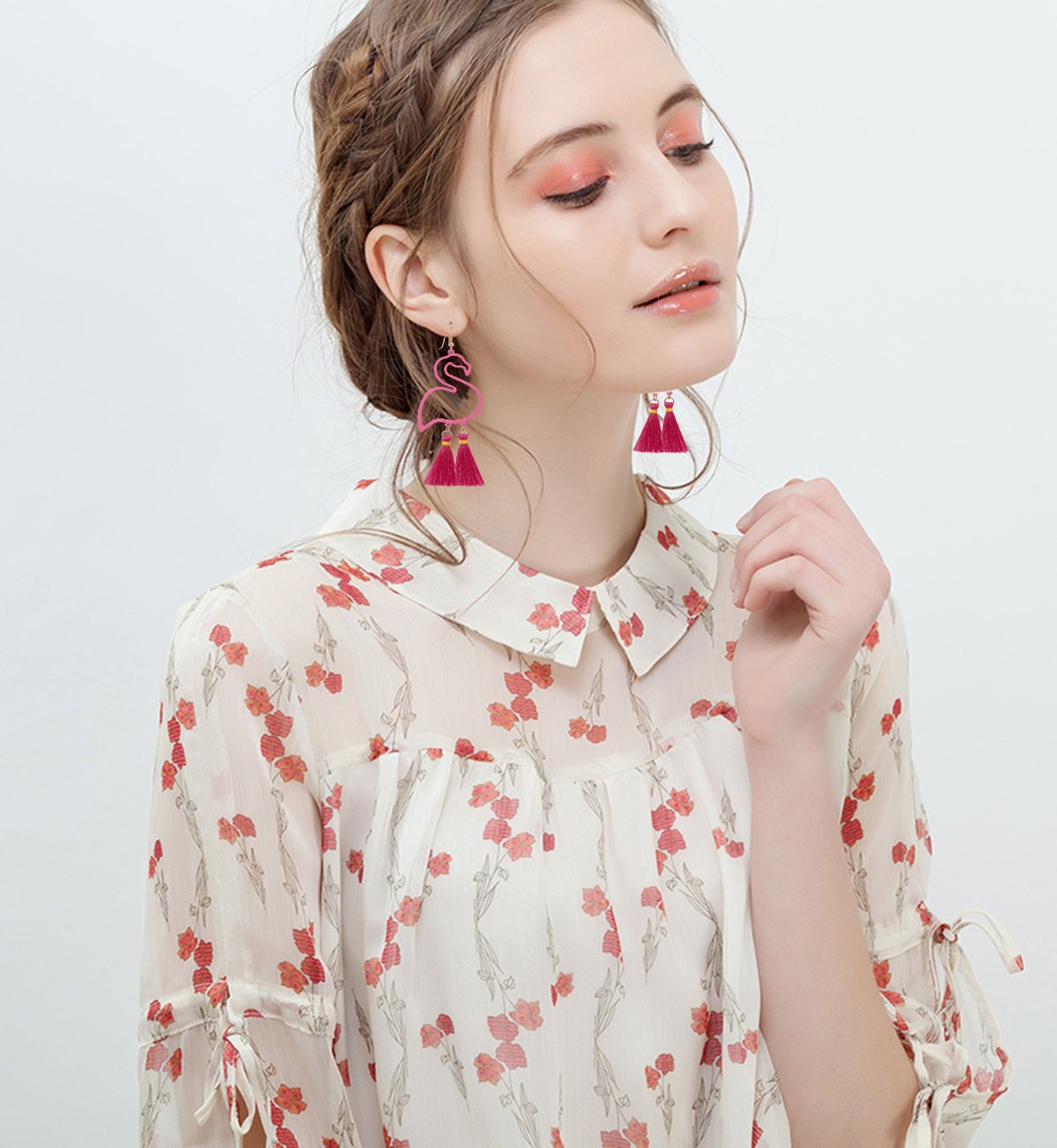 HSWE Flamingo Drop Earrings Tassel Dangle Earrings Thread Earrings Hawaiian Summer Jewelry (Rose Red)