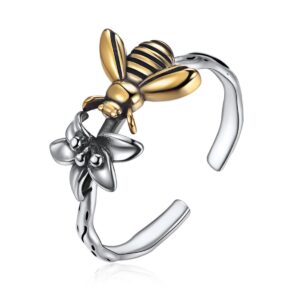 Retro 925 Sterling Silver Cute Bee & Flower Knuckle Ring Oxidized Ring Open Adjustable Thumb Rings for Women