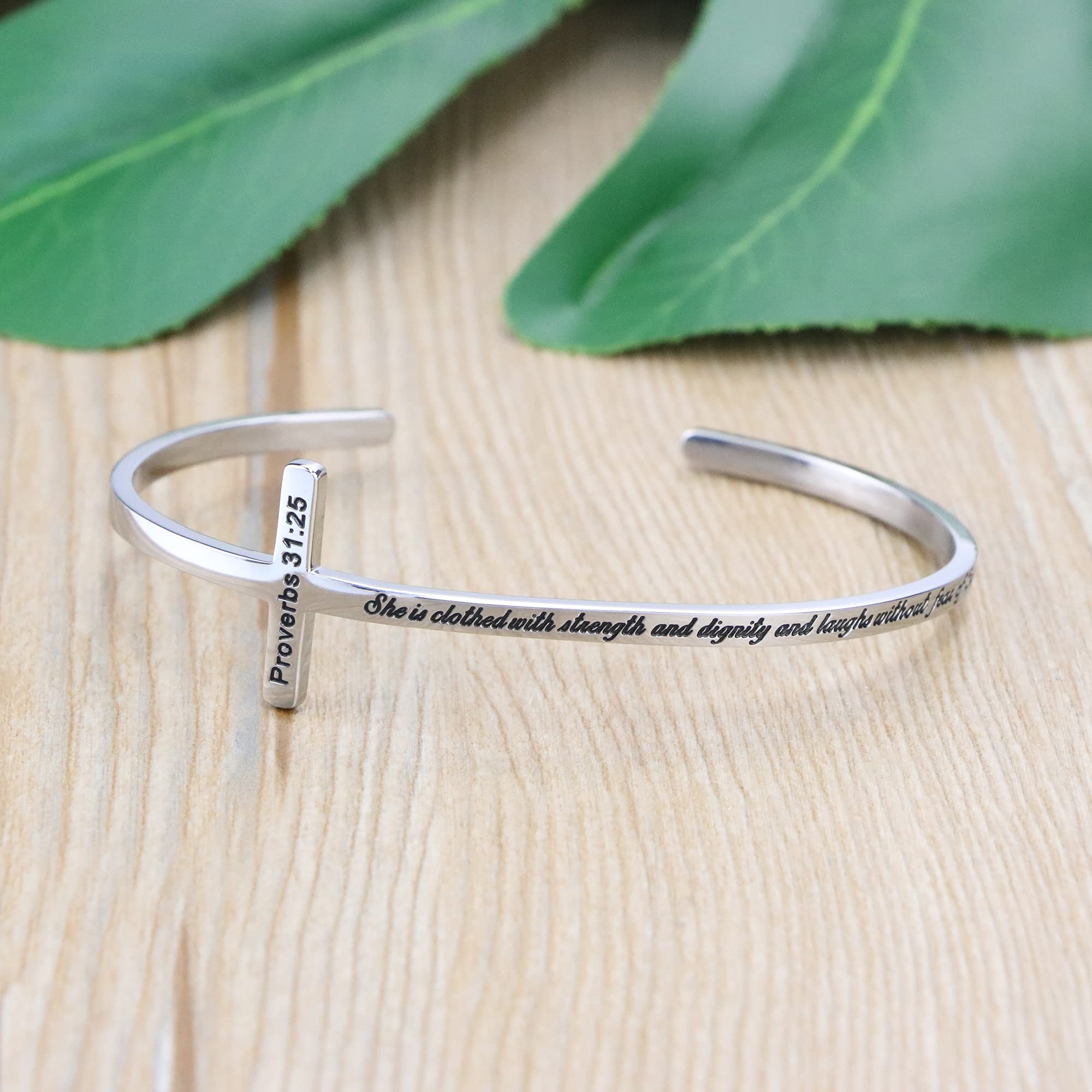 Memgift Inspirational Cross jewelry Bible Verse Bracelet Stainless Steel Cuff Bangle Christian Jewellery Gifts for Women