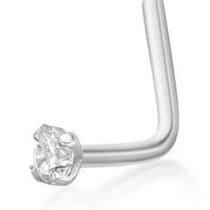 Lavari Jewelers 22 Gauge L-Shape Nose Ring for Women I 2 mm Cubic Zirconia Nose Ring for Her I 14k White Gold Nose Ring I CZ Unisex Stud Hypoallergenic Nostril Piercing Jewelry I 22G Body Piercing