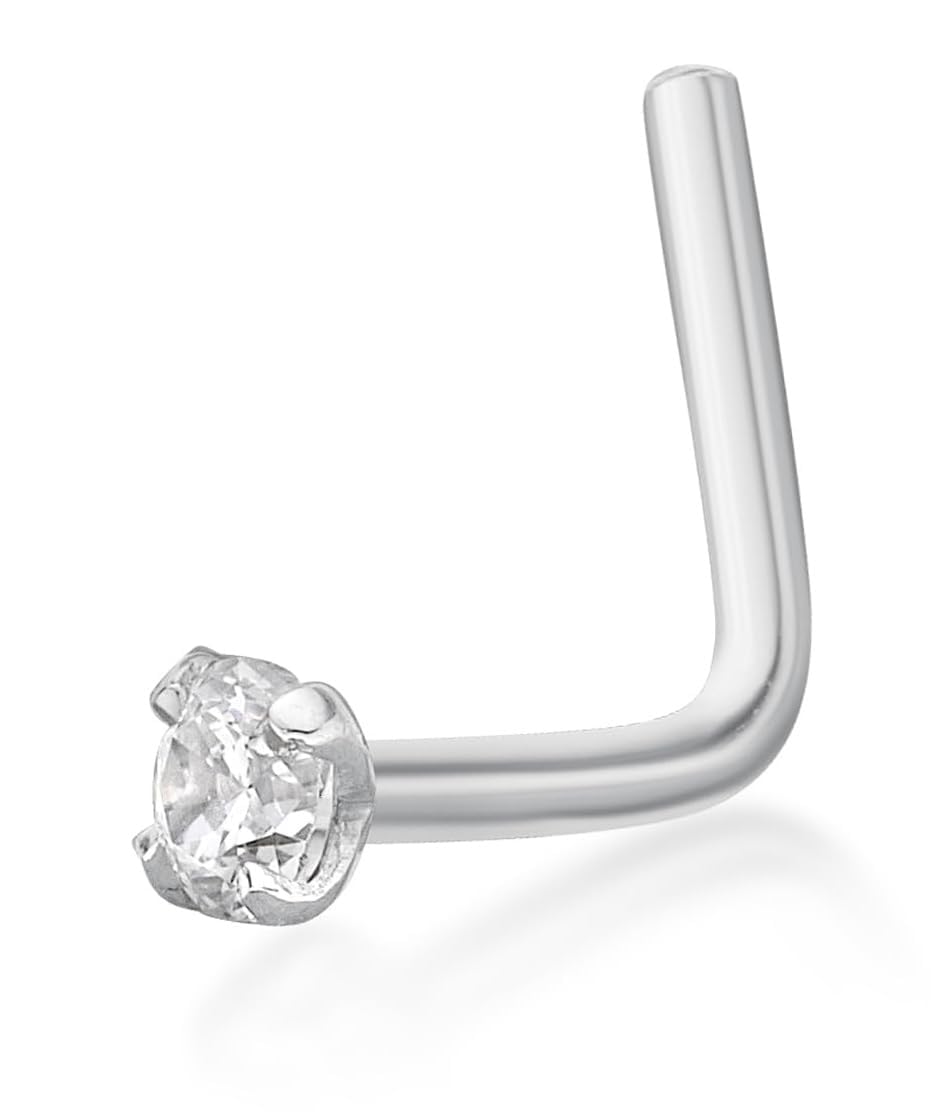 Lavari Jewelers 22 Gauge L-Shape Nose Ring for Women I 2 mm Cubic Zirconia Nose Ring for Her I 14k White Gold Nose Ring I CZ Unisex Stud Hypoallergenic Nostril Piercing Jewelry I 22G Body Piercing