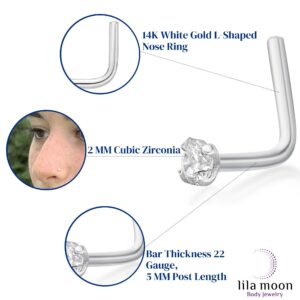 Lavari Jewelers 22 Gauge L-Shape Nose Ring for Women I 2 mm Cubic Zirconia Nose Ring for Her I 14k White Gold Nose Ring I CZ Unisex Stud Hypoallergenic Nostril Piercing Jewelry I 22G Body Piercing