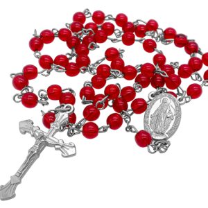 Nazareth Store Red Glass Beads Rosary Catholic Necklace Prayer Miraculous Medal Cross Holy Land Religious Gifts for Women and Men