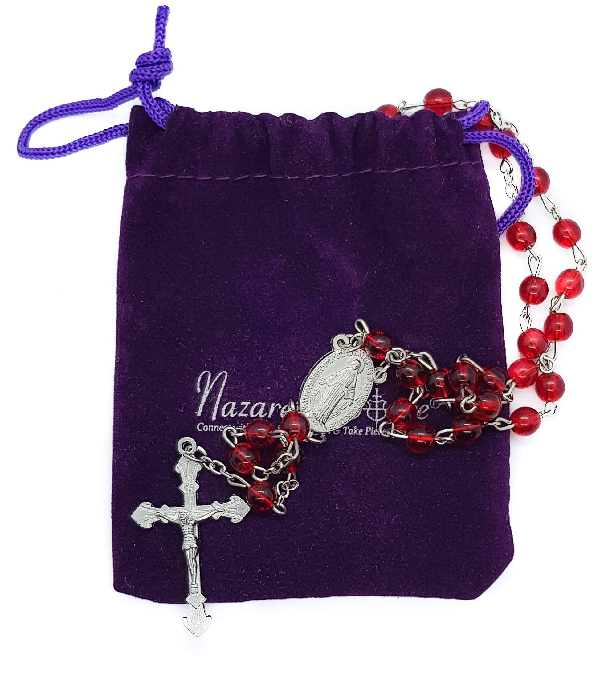 Nazareth Store Red Glass Beads Rosary Catholic Necklace Prayer Miraculous Medal Cross Holy Land Religious Gifts for Women and Men