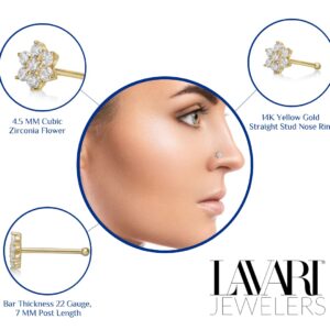 Lavari Jewelers 22 Gauge White Cubic Zirconia Straight Bone Flower Nose Ring in 14k Yellow Gold Straight Stud I 4.5mm Hypoallergenic Nostril Piercing Jewelry I CZ 22G Body Piercing