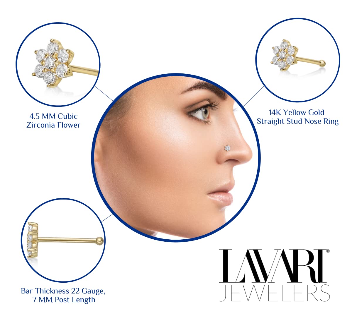 Lavari Jewelers 22 Gauge White Cubic Zirconia Straight Bone Flower Nose Ring in 14k Yellow Gold Straight Stud I 4.5mm Hypoallergenic Nostril Piercing Jewelry I CZ 22G Body Piercing