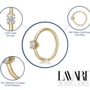 22 Gauge Cubic Zirconia Open Hoop Nose Ring for Women in 14k Yellow Gold 5/16 Inches 2 mm 22G by Lavari Jewelers