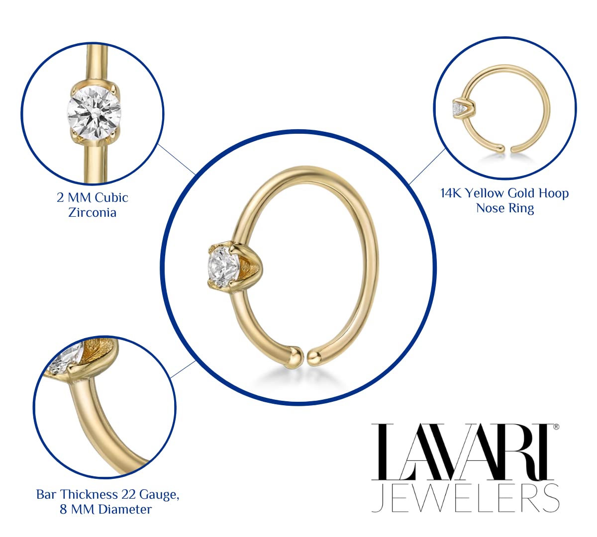 22 Gauge Cubic Zirconia Open Hoop Nose Ring for Women in 14k Yellow Gold 5/16 Inches 2 mm 22G by Lavari Jewelers