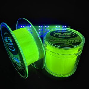 K9 Hi-Vis Fluoro Fishing Line — Ultra Low-Memory, Abrasion Resistant, Long-Casting — Glow Under Black Light, Chartreuse — Virtually Invisible Underwater — Great for Spinning Reels — 550 Yards, 6lb