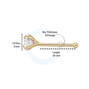 Lavari Jewelers Straight Stud 22 Gauge 3mm White Cubic Zirconia Nose Ring in 14k Gold