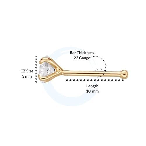 Lavari Jewelers Straight Stud 22 Gauge 3mm White Cubic Zirconia Nose Ring in 14k Gold