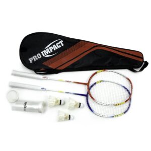 pro impact badminton racket set - aluminum head with steel shaft - includes lightweight rackets & feather shuttlecocks with carrying case - outdoor games for adults and family