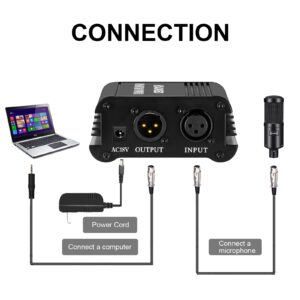 Aokeo 1-Channel 48V Phantom Power Supply with Adapter, Bonus+XLR 3 Pin Microphone Cable for Any Condenser Microphone Music Recording Equipment