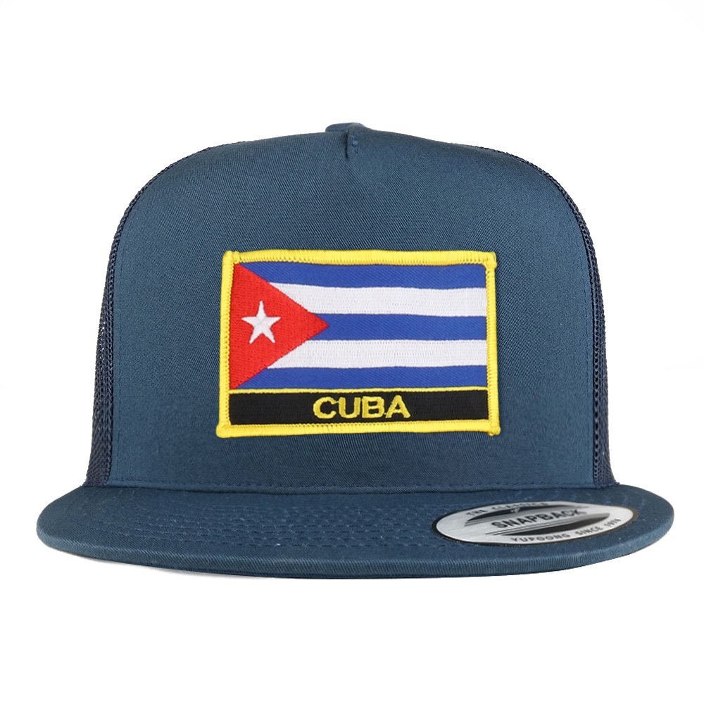 Trendy Apparel Shop Cuba Flag 5 Panel Flatbill Trucker Mesh Snapback Cap - NAVY